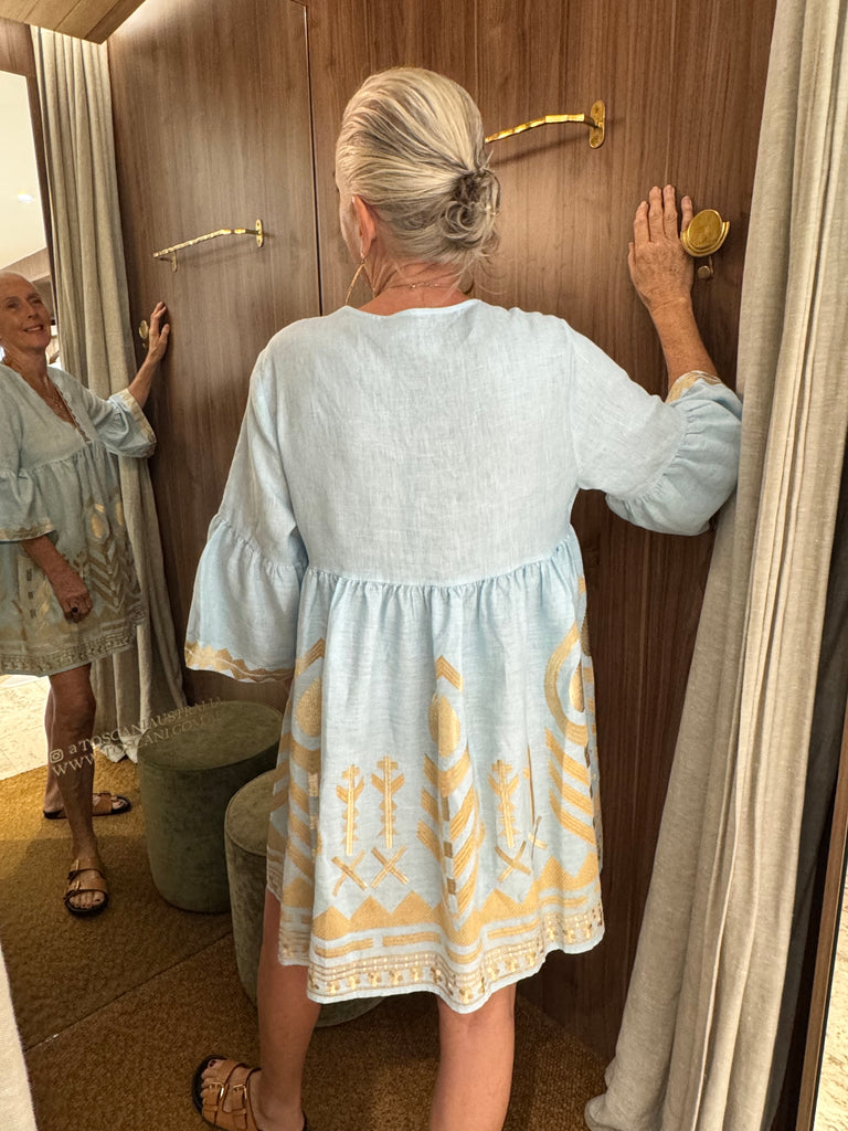 Embroidered Linen Short Dress Ciel Gold