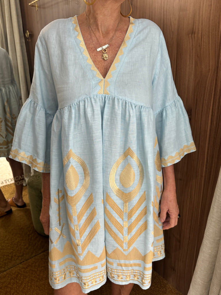 Embroidered Linen Short Dress Ciel Gold