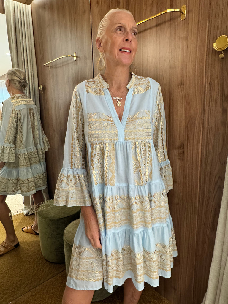 Embroidered Cotton Short Dress Ciel Gold