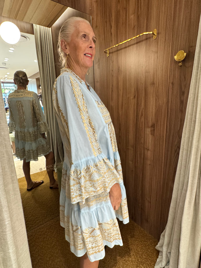 Embroidered Cotton Short Dress Ciel Gold