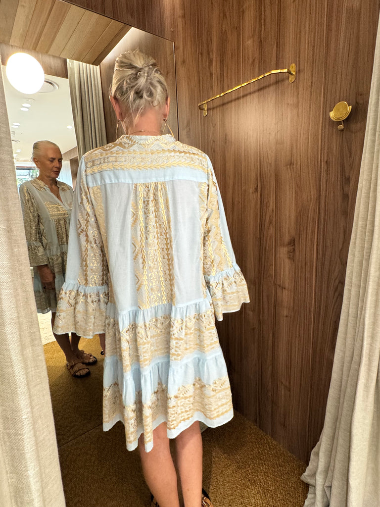 Embroidered Cotton Short Dress Ciel Gold