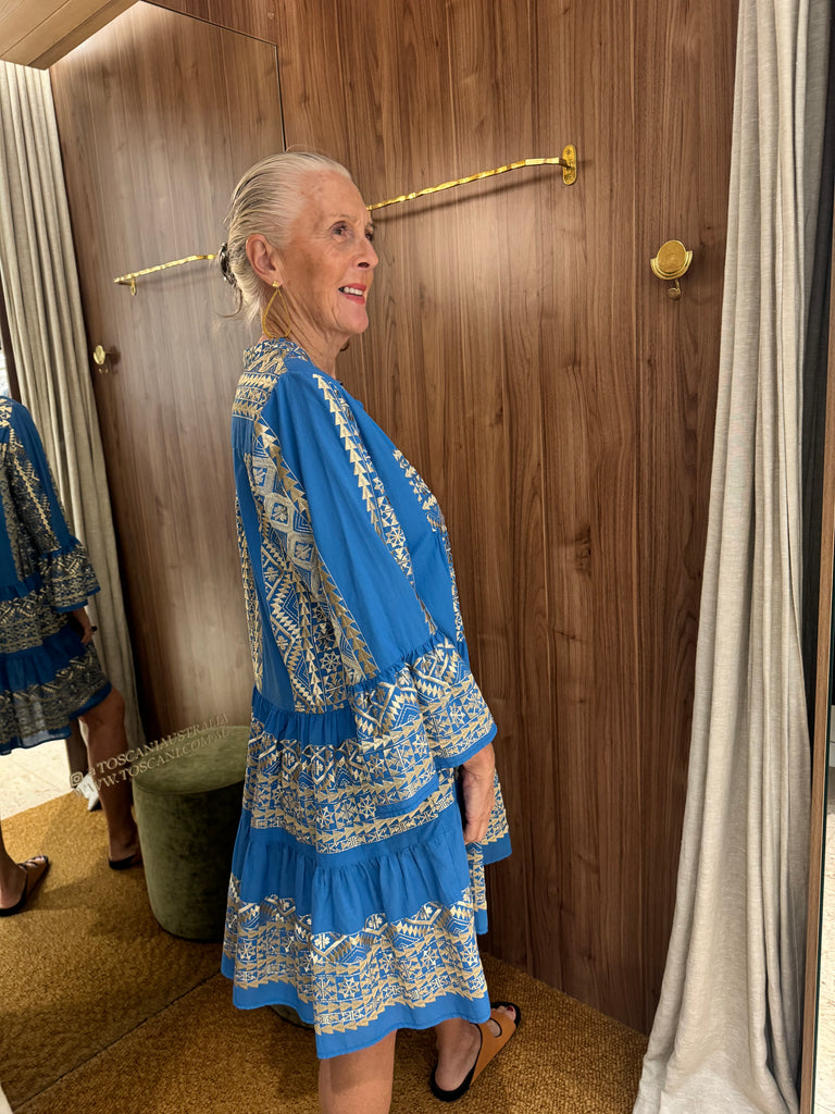 Embroidered Cotton Short Dress Blue Gold