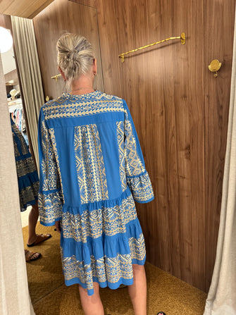 Embroidered Cotton Short Dress Blue Gold