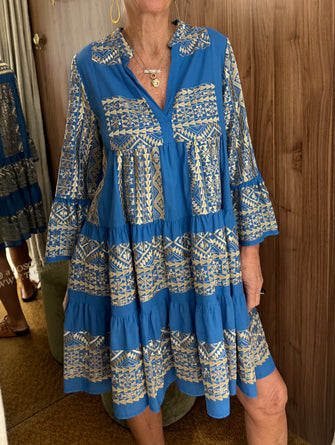 Embroidered Cotton Short Dress Blue Gold