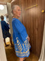 Embroidered Linen Short Dress Blue Gold