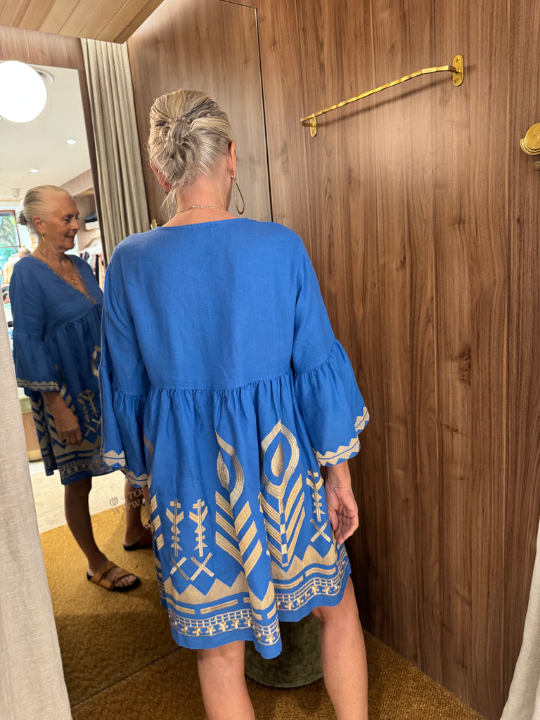 Embroidered Linen Short Dress Blue Gold