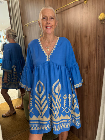 Embroidered Linen Short Dress Blue Gold