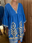 Embroidered Linen Short Dress Blue Gold