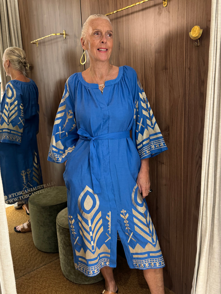Embroidered Linen Midi Dress Blue Gold with Belt