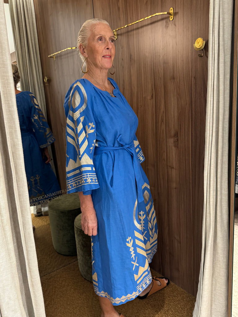 Embroidered Linen Midi Dress Blue Gold with Belt