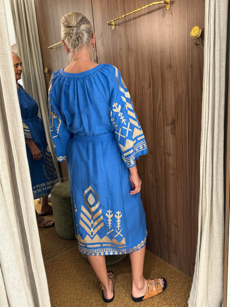 Embroidered Linen Midi Dress Blue Gold with Belt