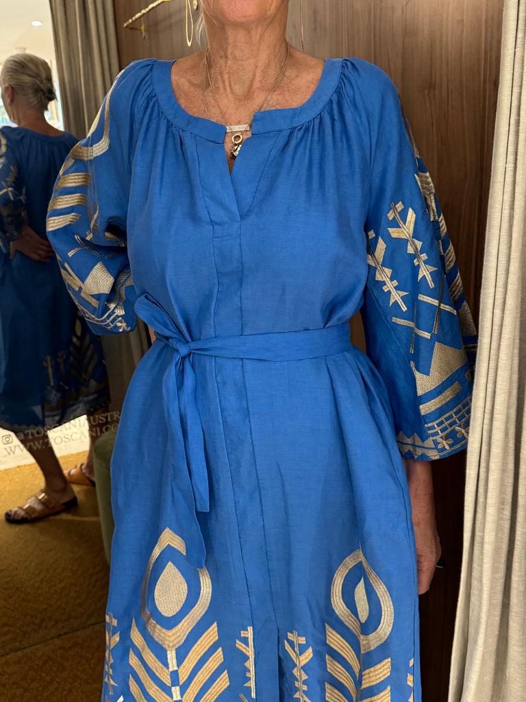Embroidered Linen Midi Dress Blue Gold with Belt