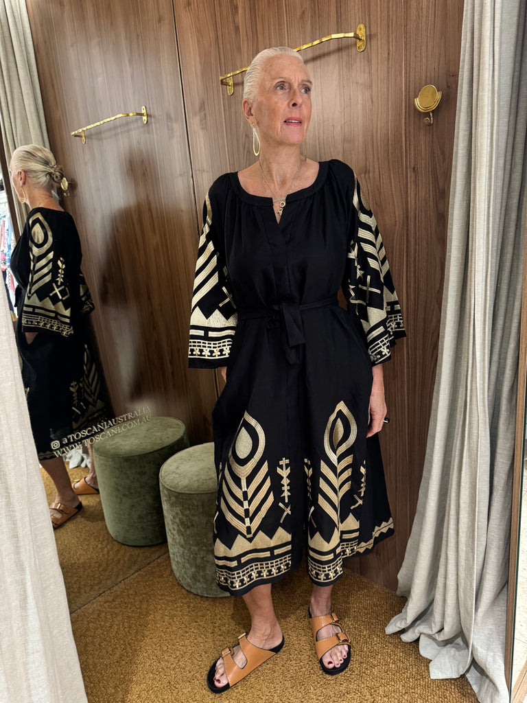 Embroidered Linen Midi Dress Black Gold with Belt