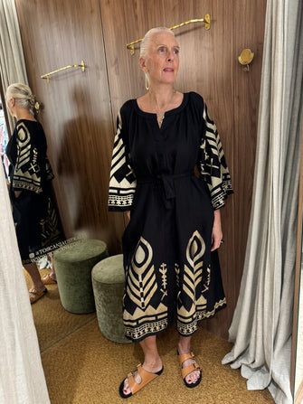 Embroidered Linen Midi Dress Black Gold with Belt