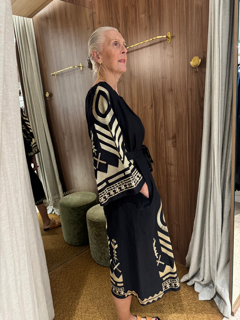 Embroidered Linen Midi Dress Black Gold with Belt