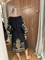 Embroidered Linen Midi Dress Black Gold with Belt