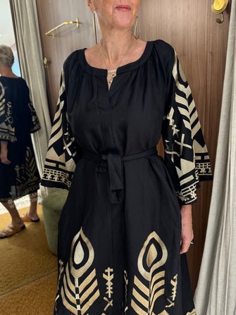Embroidered Linen Midi Dress Black Gold with Belt