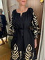 Embroidered Linen Midi Dress Black Gold with Belt