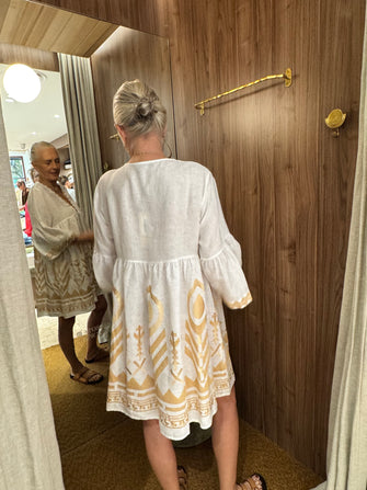 Embroidered Linen Short Dress White Gold