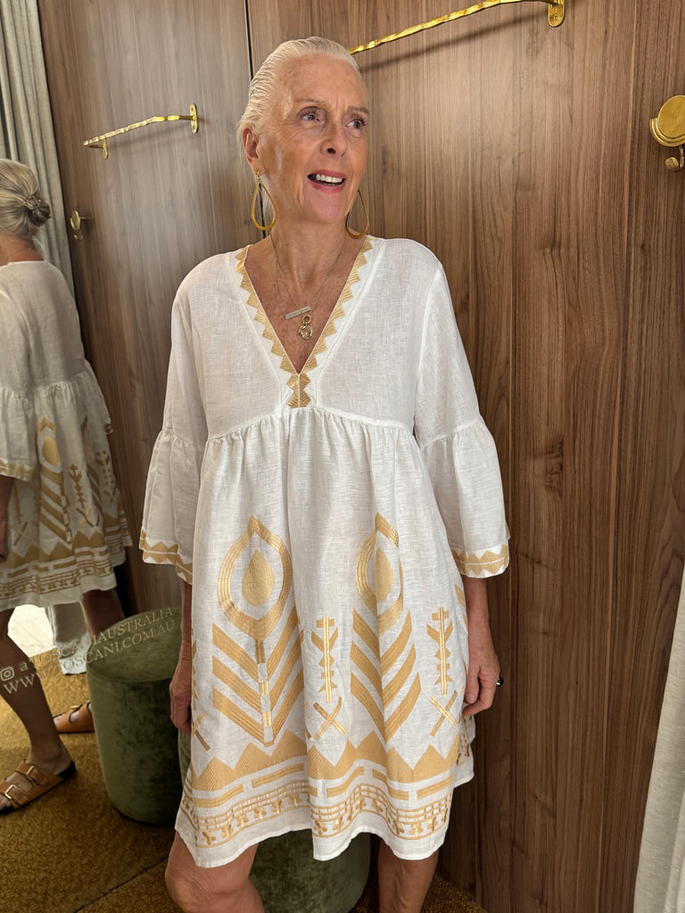 Embroidered Linen Short Dress White Gold