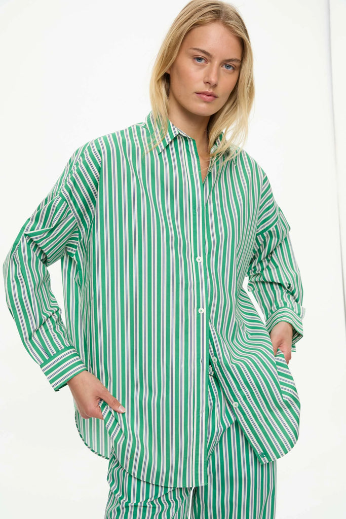 Mara Oversized Stripe Shirt Green Hills White Navy