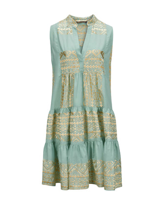 Short Sleeveless Embroidered Dress Sea Green Gold