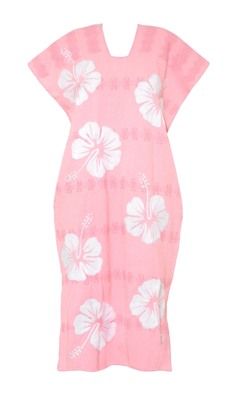 Single Panel Midi Kaftan Pink with white Hibiscus embroidery