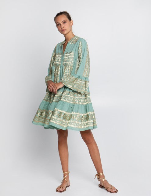 Embroidered Cotton Short Dress Sea Green