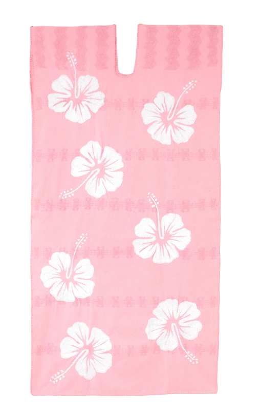 Single Panel Midi Kaftan Pink with white Hibiscus embroidery