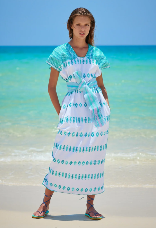 Single Panel Midi Kaftan White and Green