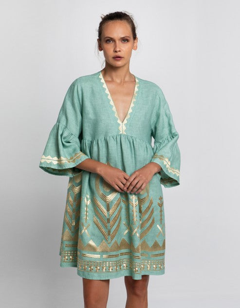 Embroidered Linen Short Dress Sea Green