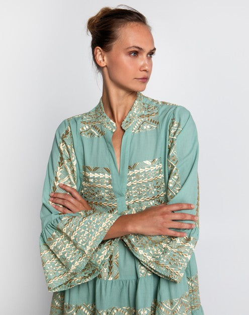 Embroidered Cotton Short Dress Sea Green