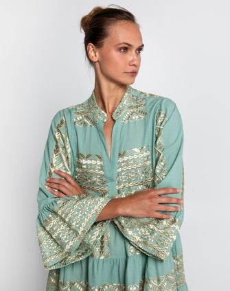 Embroidered Cotton Short Dress Sea Green