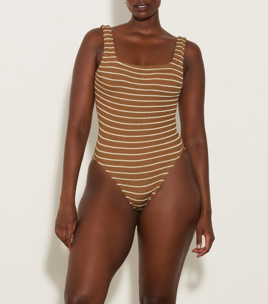 Square Neck Swim Metallic Cocoa Stripe