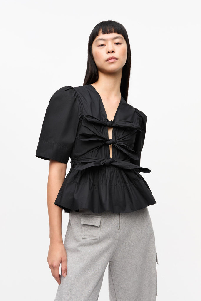 Washed Cotton Tie Strap Blouse Black