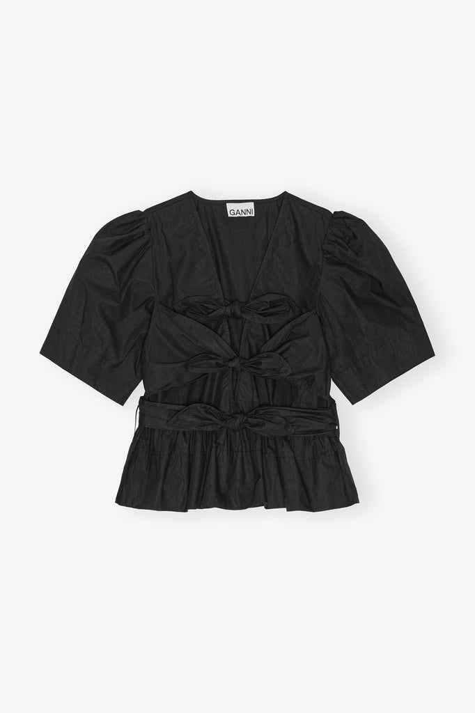 Washed Cotton Tie Strap Blouse Black