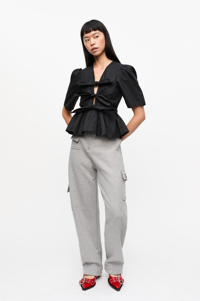 Washed Cotton Tie Strap Blouse Black