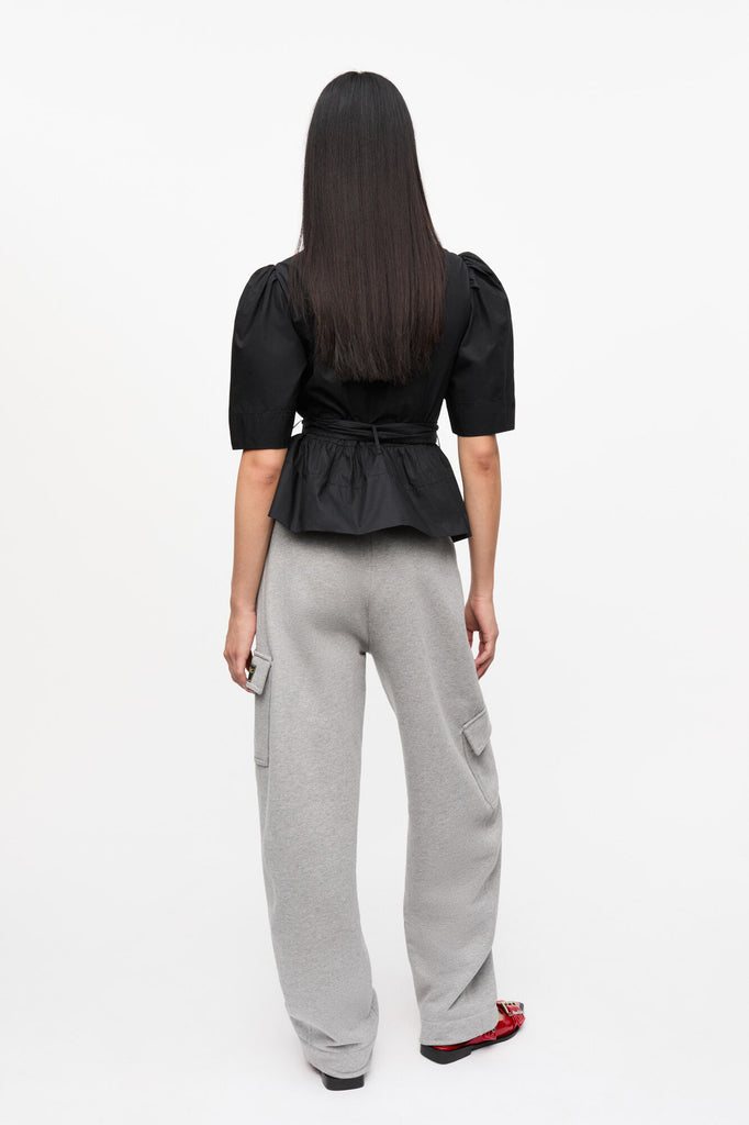 Washed Cotton Tie Strap Blouse Black