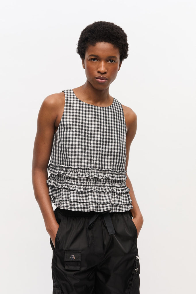 Crinkled Taffeta Check Frill Top