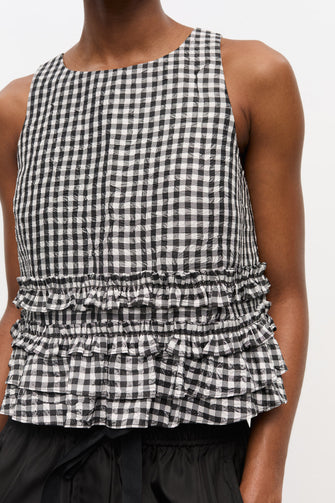Crinkled Taffeta Check Frill Top
