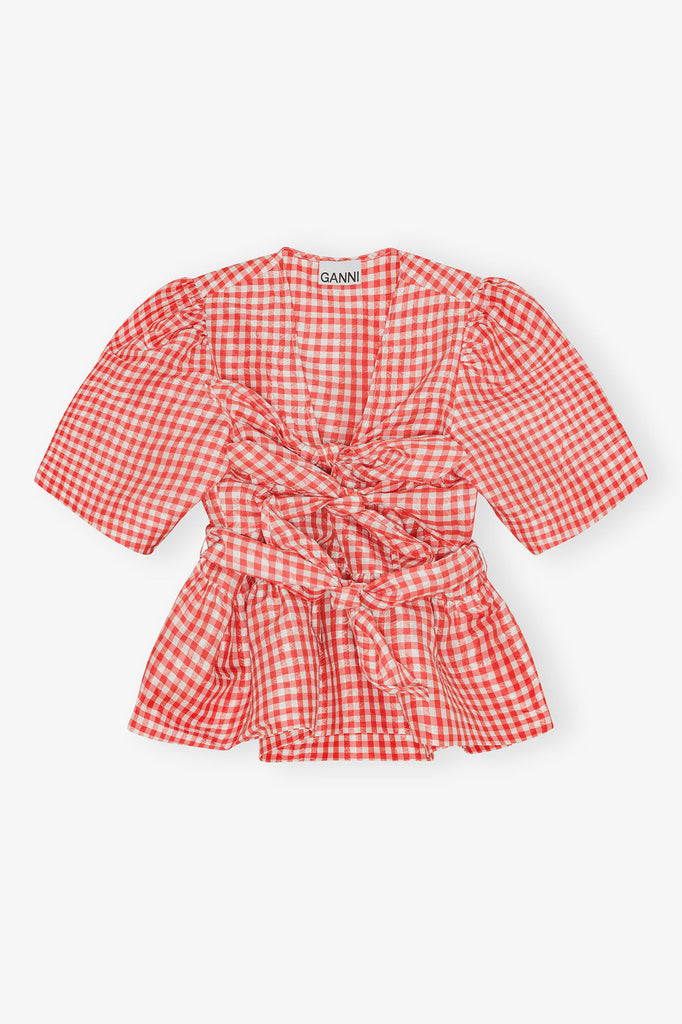 Crinkled Taffeta Check Strap Blouse