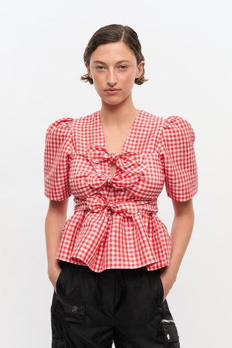 Crinkled Taffeta Check Strap Blouse