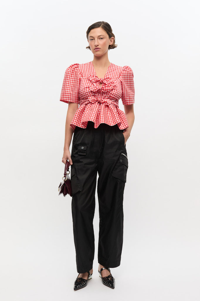 Crinkled Taffeta Check Strap Blouse