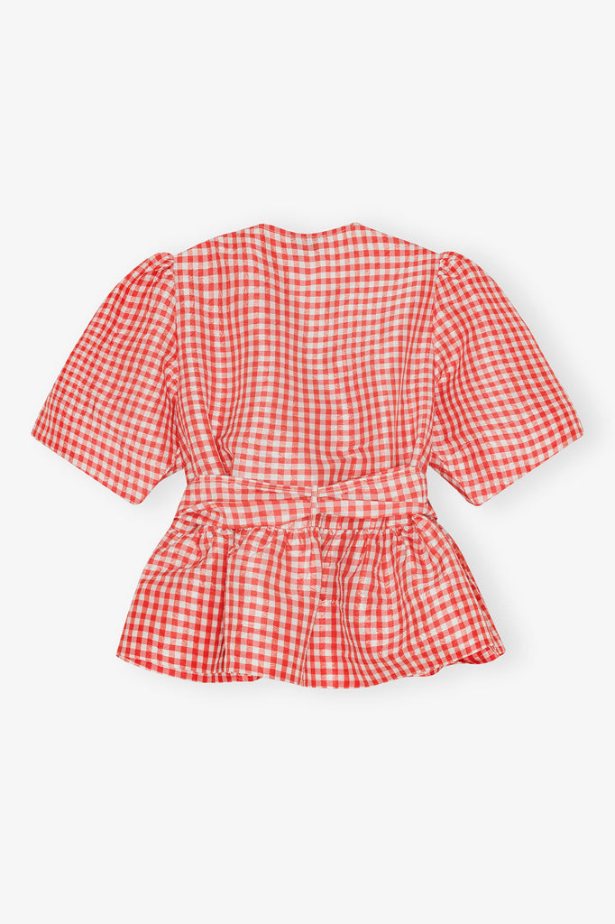 Crinkled Taffeta Check Strap Blouse
