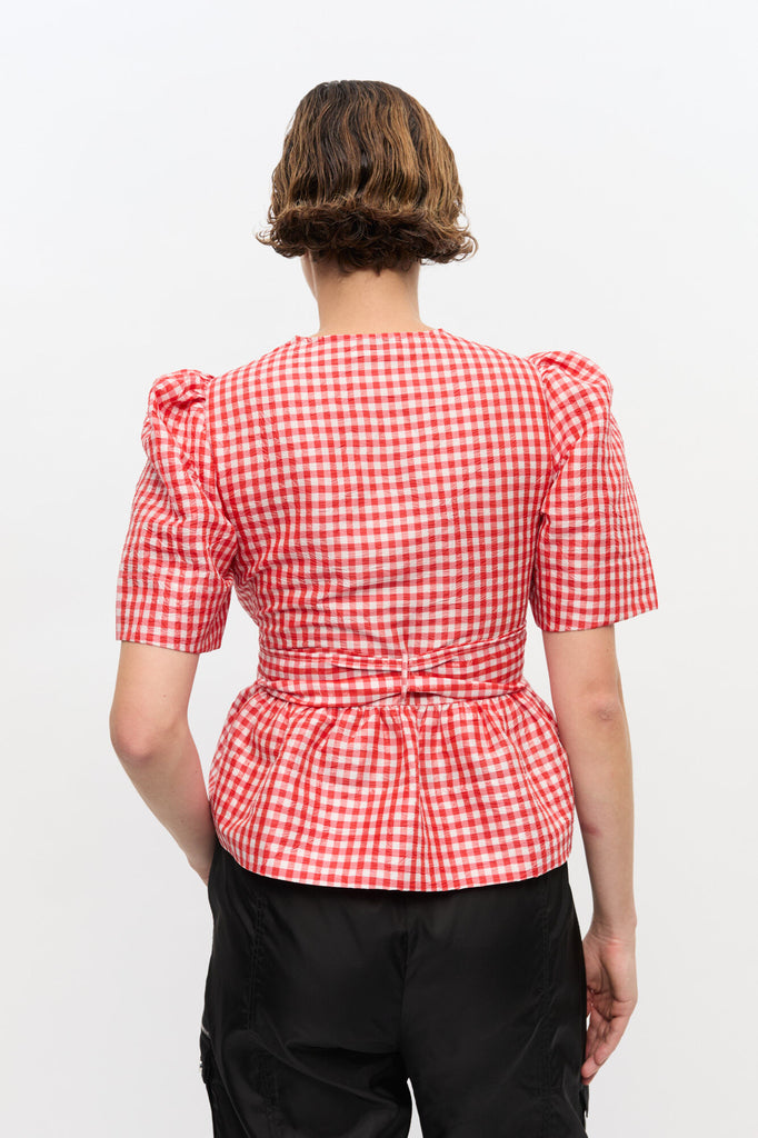 Crinkled Taffeta Check Strap Blouse