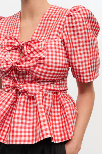 Crinkled Taffeta Check Strap Blouse