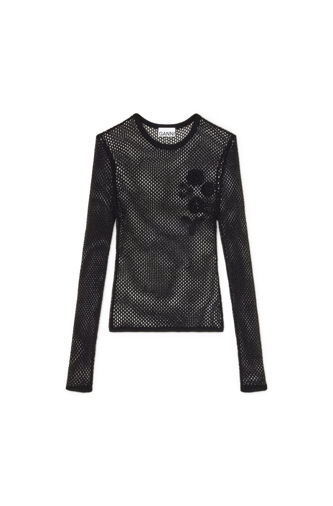 Cotton Mesh Pointelle Longsleeve Top Black