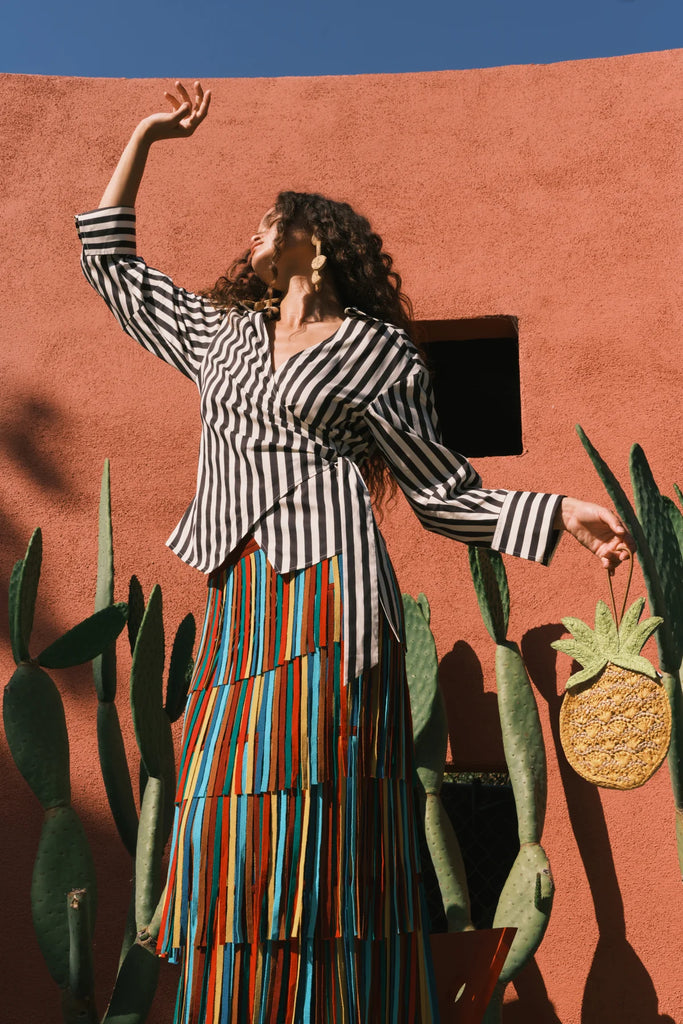 Anya Poplin Wrap Top Black/White Stripe