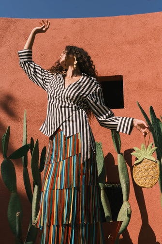 Anya Poplin Wrap Top Black/White Stripe
