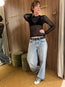 Cotton Mesh Pointelle Longsleeve Top Black
